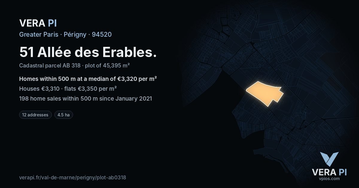 51 Allée des Erables, Périgny at night – the plot lit, the parcels around coloured by the prices near them
