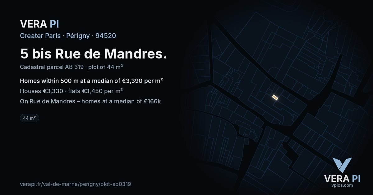 5 bis Rue de Mandres, Périgny at night – the plot lit, the parcels around coloured by the prices near them