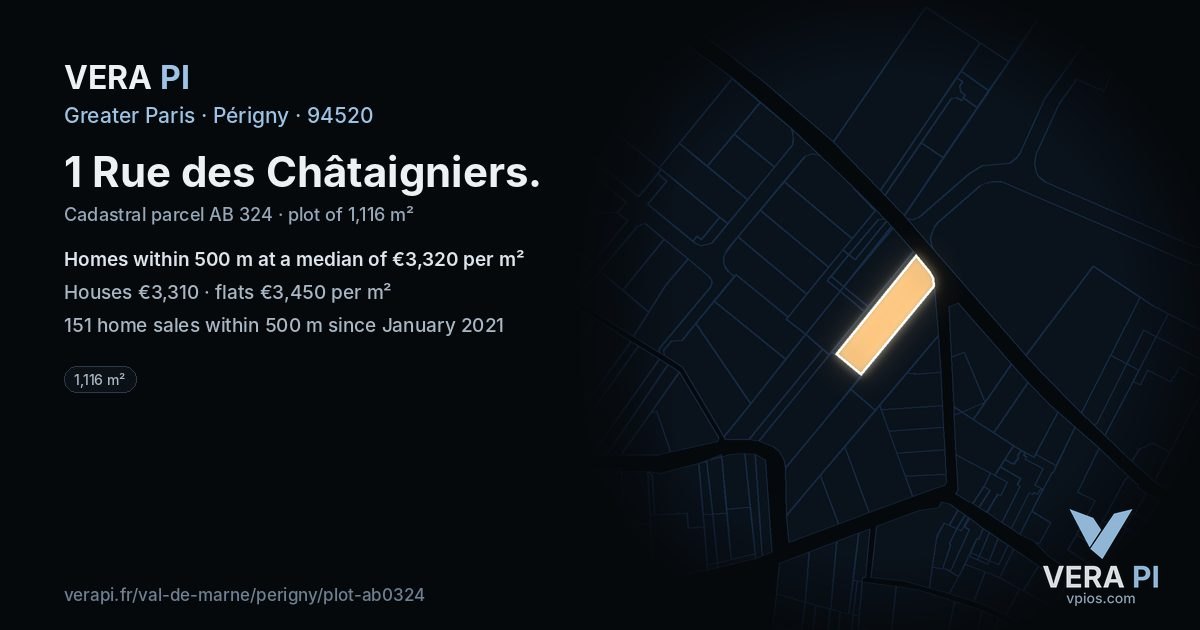 1 Rue des Châtaigniers, Périgny at night – the plot lit, the parcels around coloured by the prices near them