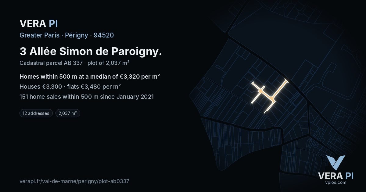 3 Allée Simon de Paroigny, Périgny at night – the plot lit, the parcels around coloured by the prices near them