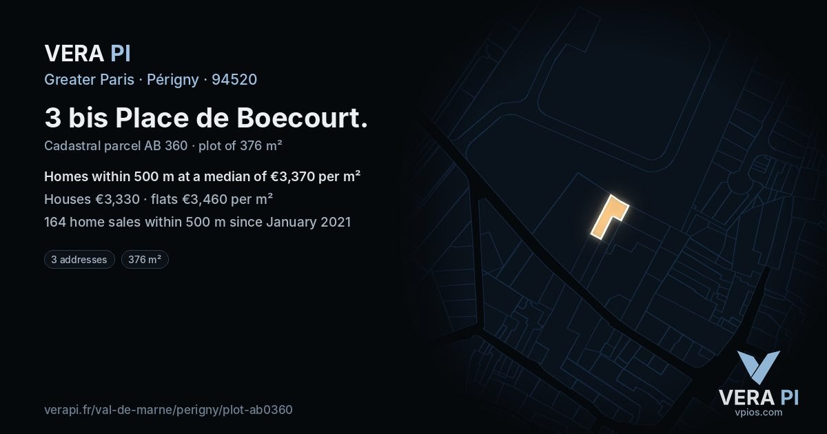 3 bis Place de Boecourt, Périgny at night – the plot lit, the parcels around coloured by the prices near them