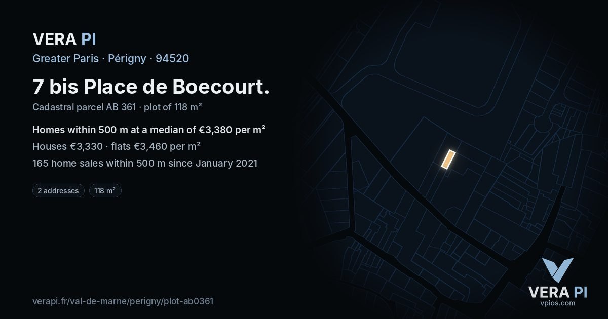 7 bis Place de Boecourt, Périgny at night – the plot lit, the parcels around coloured by the prices near them