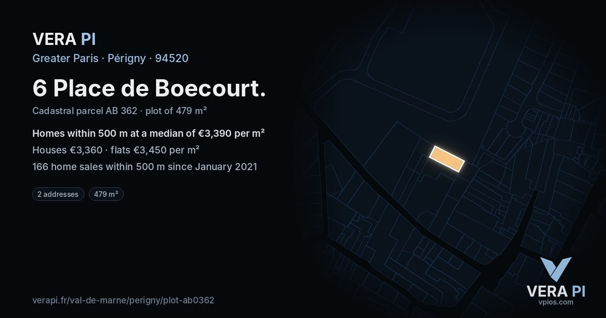 6 Place de Boecourt, Périgny at night – the plot lit, the parcels around coloured by the prices near them
