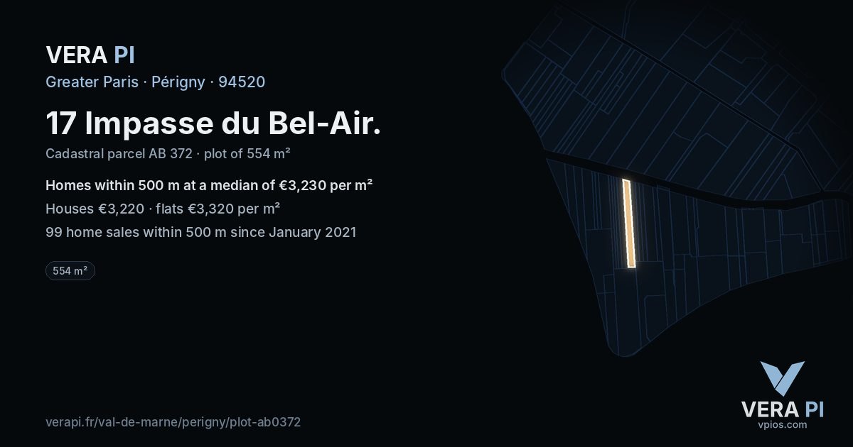17 Impasse du Bel-Air, Périgny at night – the plot lit, the parcels around coloured by the prices near them
