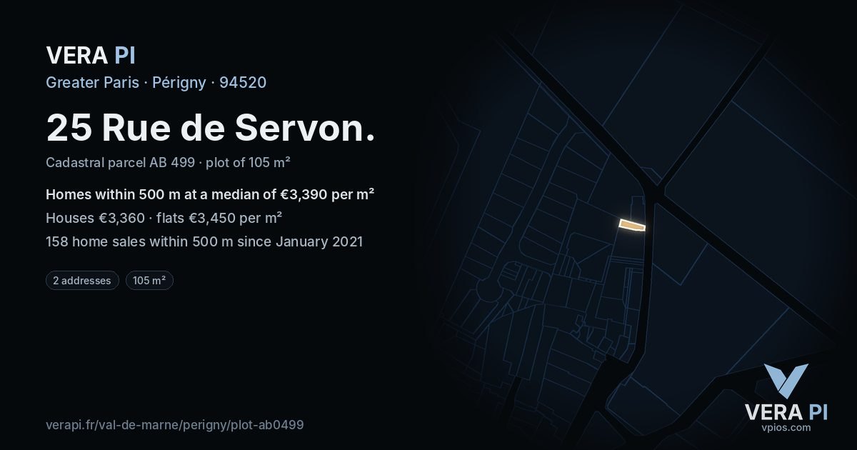 25 Rue de Servon, Périgny at night – the plot lit, the parcels around coloured by the prices near them