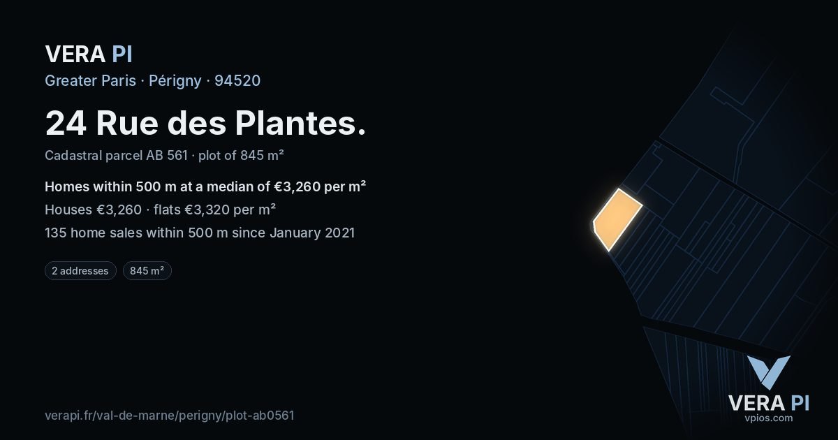24 Rue des Plantes, Périgny at night – the plot lit, the parcels around coloured by the prices near them