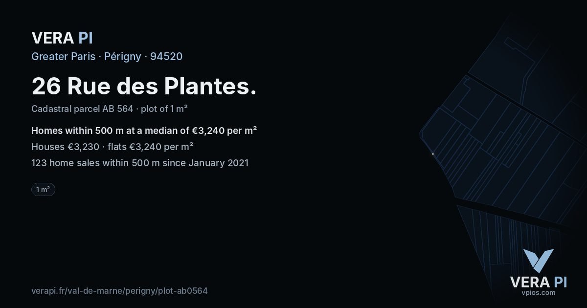 26 Rue des Plantes, Périgny at night – the plot lit, the parcels around coloured by the prices near them