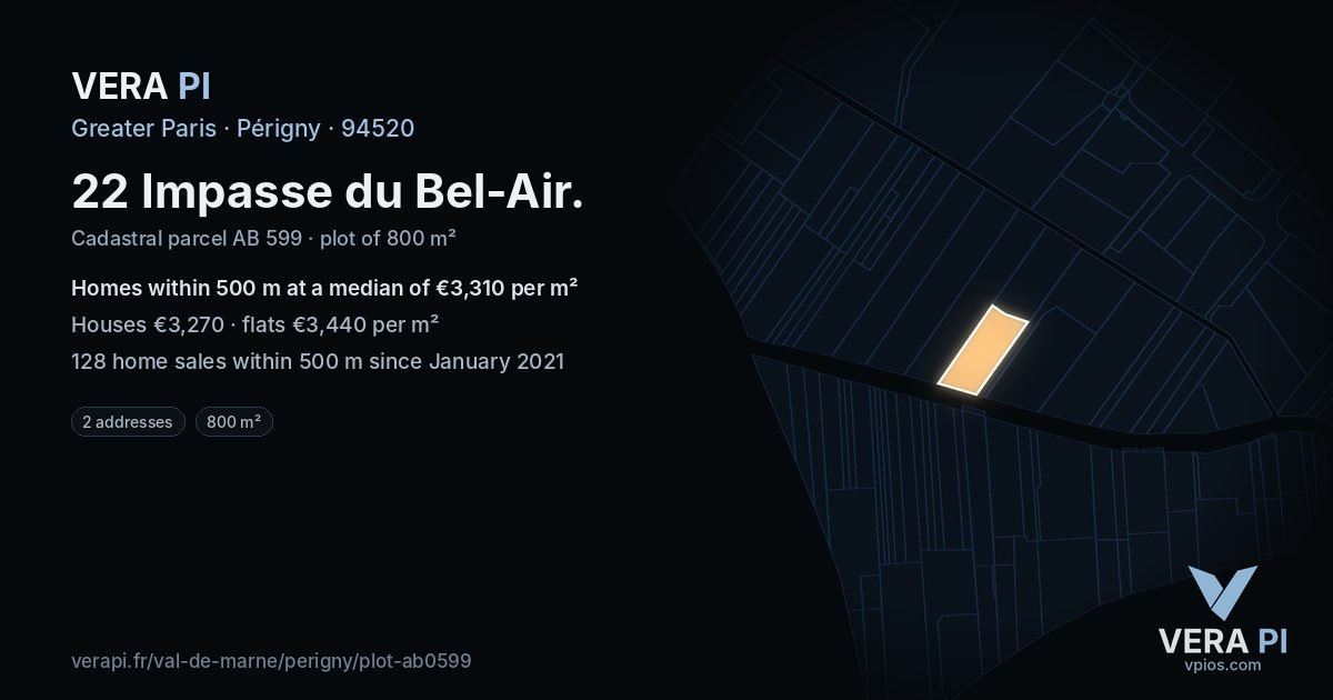 22 Impasse du Bel-Air, Périgny at night – the plot lit, the parcels around coloured by the prices near them