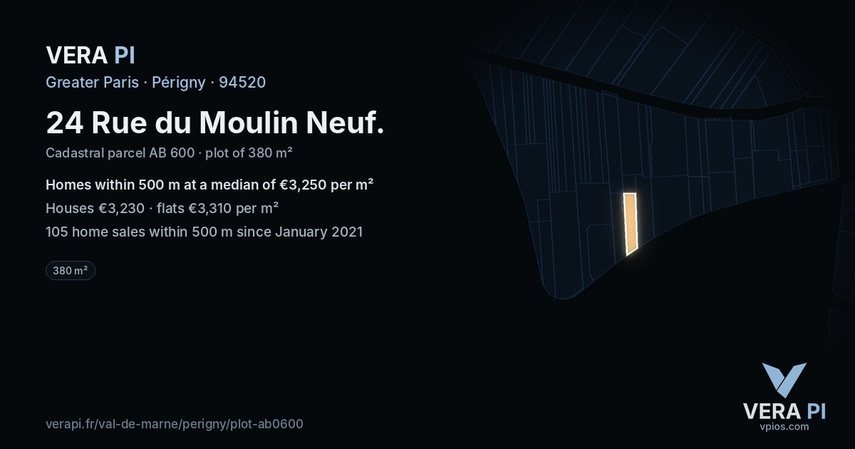 24 Rue du Moulin Neuf, Périgny at night – the plot lit, the parcels around coloured by the prices near them