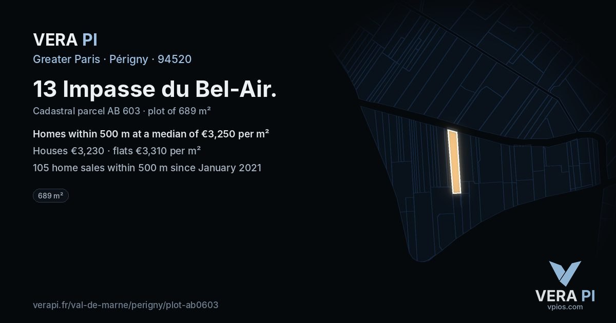 13 Impasse du Bel-Air, Périgny at night – the plot lit, the parcels around coloured by the prices near them