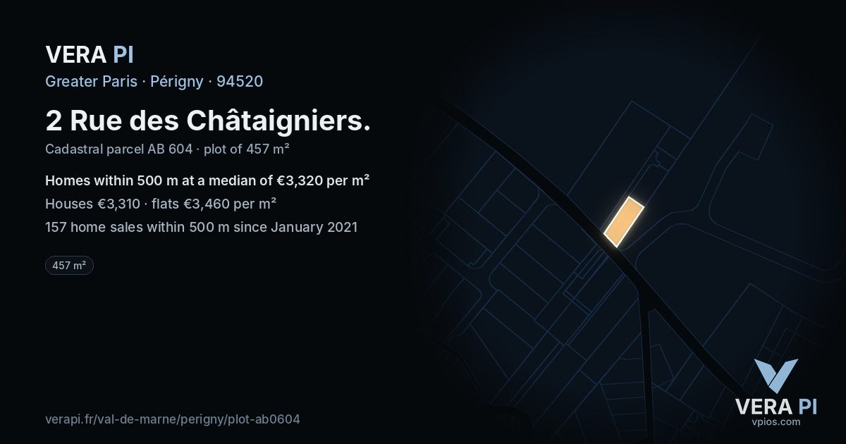 2 Rue des Châtaigniers, Périgny at night – the plot lit, the parcels around coloured by the prices near them