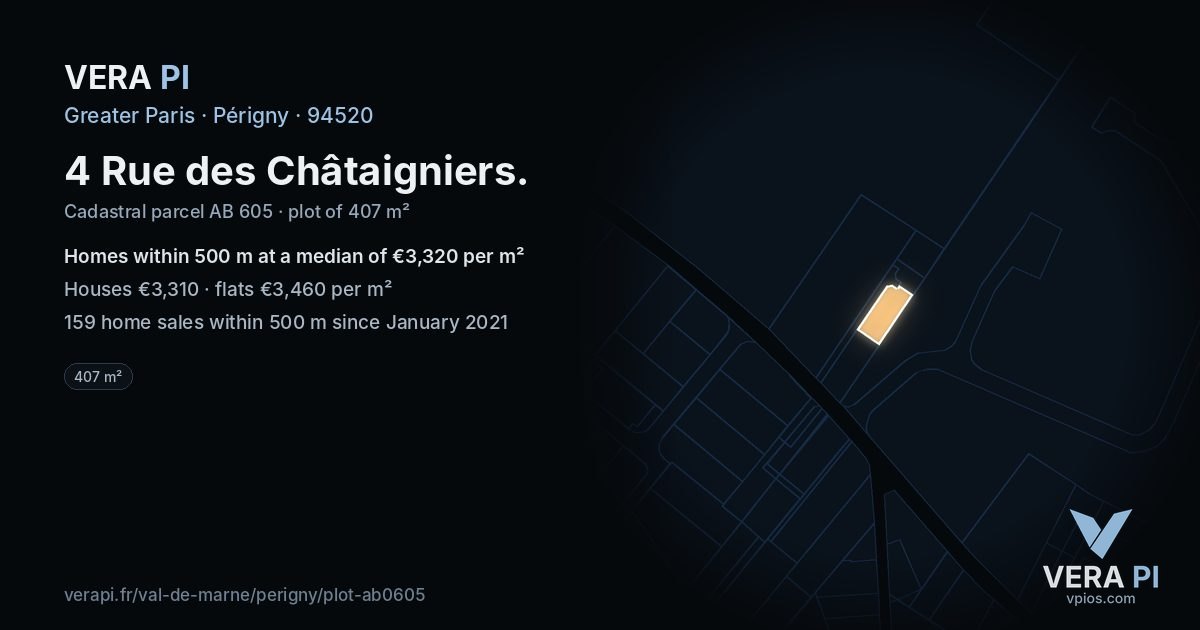 4 Rue des Châtaigniers, Périgny at night – the plot lit, the parcels around coloured by the prices near them