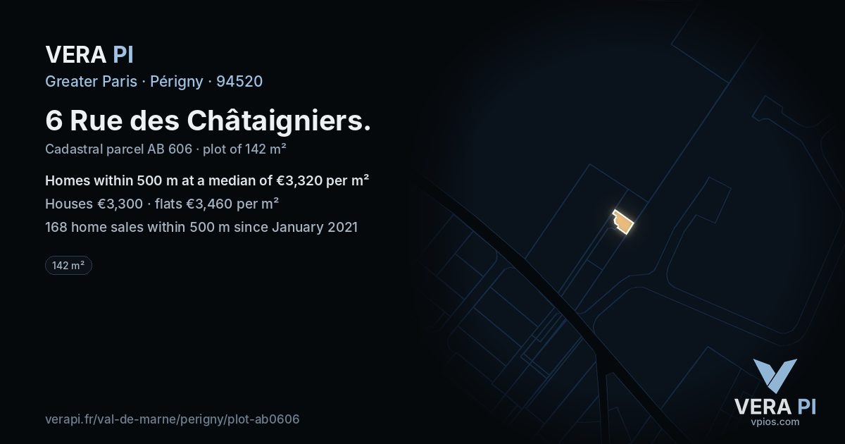 6 Rue des Châtaigniers, Périgny at night – the plot lit, the parcels around coloured by the prices near them