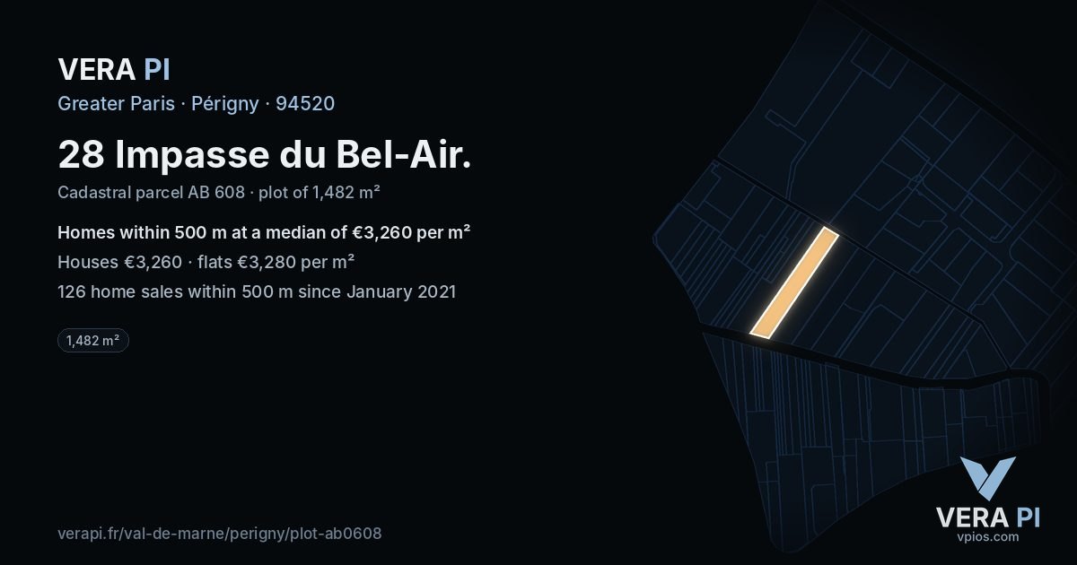 28 Impasse du Bel-Air, Périgny at night – the plot lit, the parcels around coloured by the prices near them