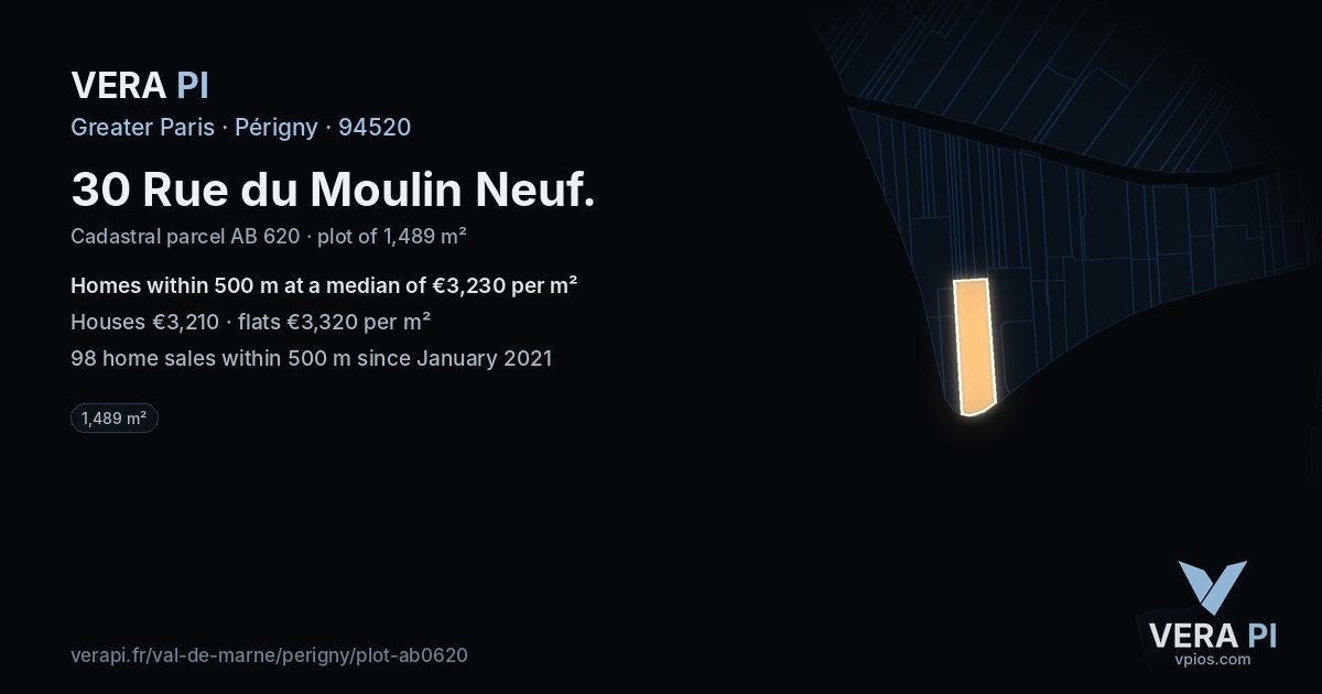 30 Rue du Moulin Neuf, Périgny at night – the plot lit, the parcels around coloured by the prices near them