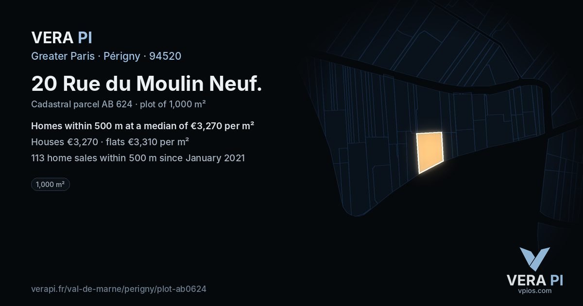 20 Rue du Moulin Neuf, Périgny at night – the plot lit, the parcels around coloured by the prices near them