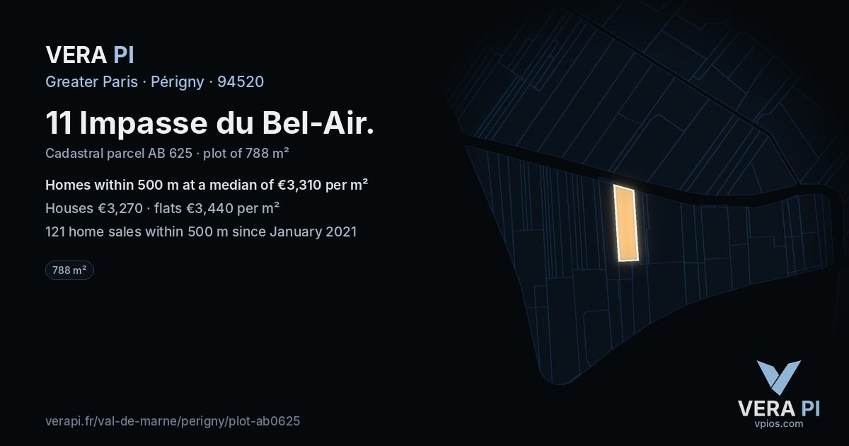 11 Impasse du Bel-Air, Périgny at night – the plot lit, the parcels around coloured by the prices near them