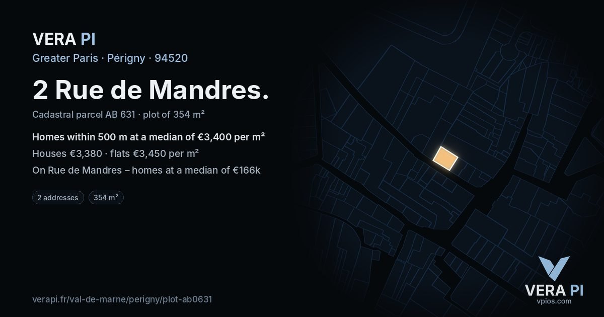 2 Rue de Mandres, Périgny at night – the plot lit, the parcels around coloured by the prices near them