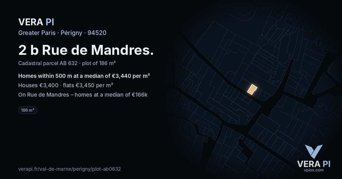 2 b Rue de Mandres, Périgny at night – the plot lit, the parcels around coloured by the prices near them