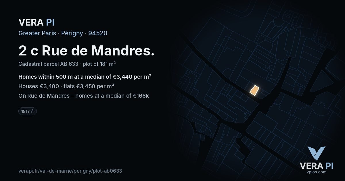 2 c Rue de Mandres, Périgny at night – the plot lit, the parcels around coloured by the prices near them