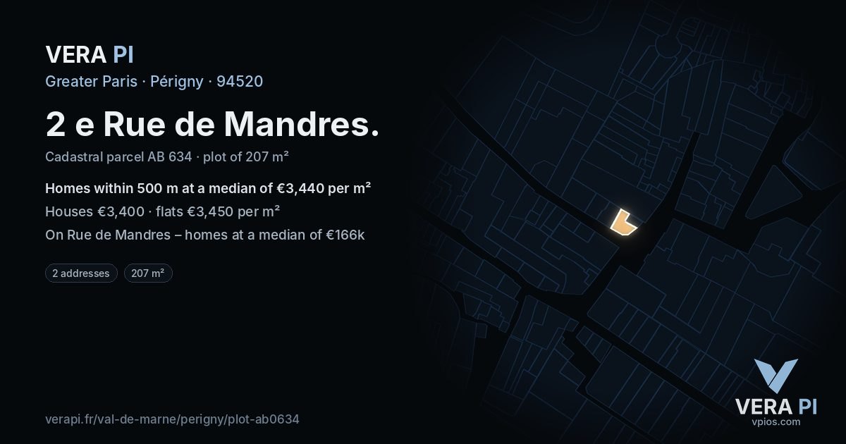2 e Rue de Mandres, Périgny at night – the plot lit, the parcels around coloured by the prices near them