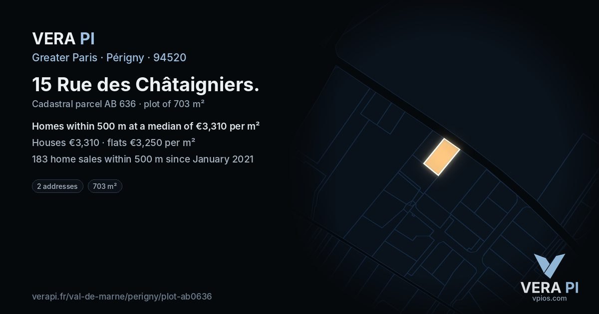 15 Rue des Châtaigniers, Périgny at night – the plot lit, the parcels around coloured by the prices near them