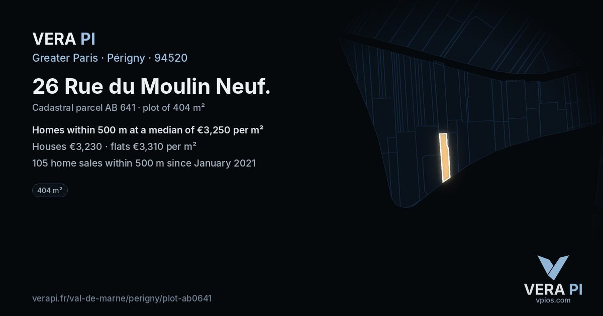 26 Rue du Moulin Neuf, Périgny at night – the plot lit, the parcels around coloured by the prices near them