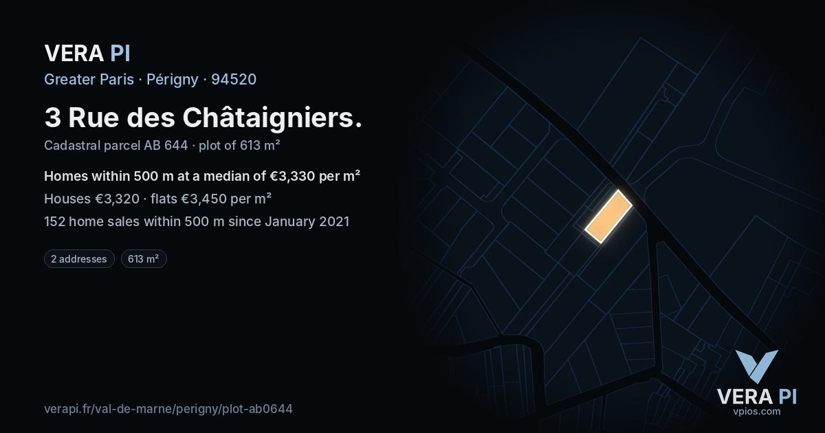 3 Rue des Châtaigniers, Périgny at night – the plot lit, the parcels around coloured by the prices near them