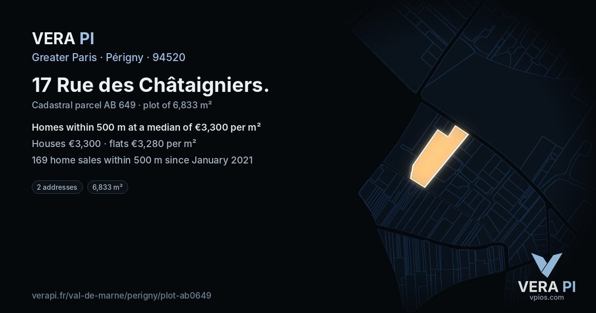 17 Rue des Châtaigniers, Périgny at night – the plot lit, the parcels around coloured by the prices near them