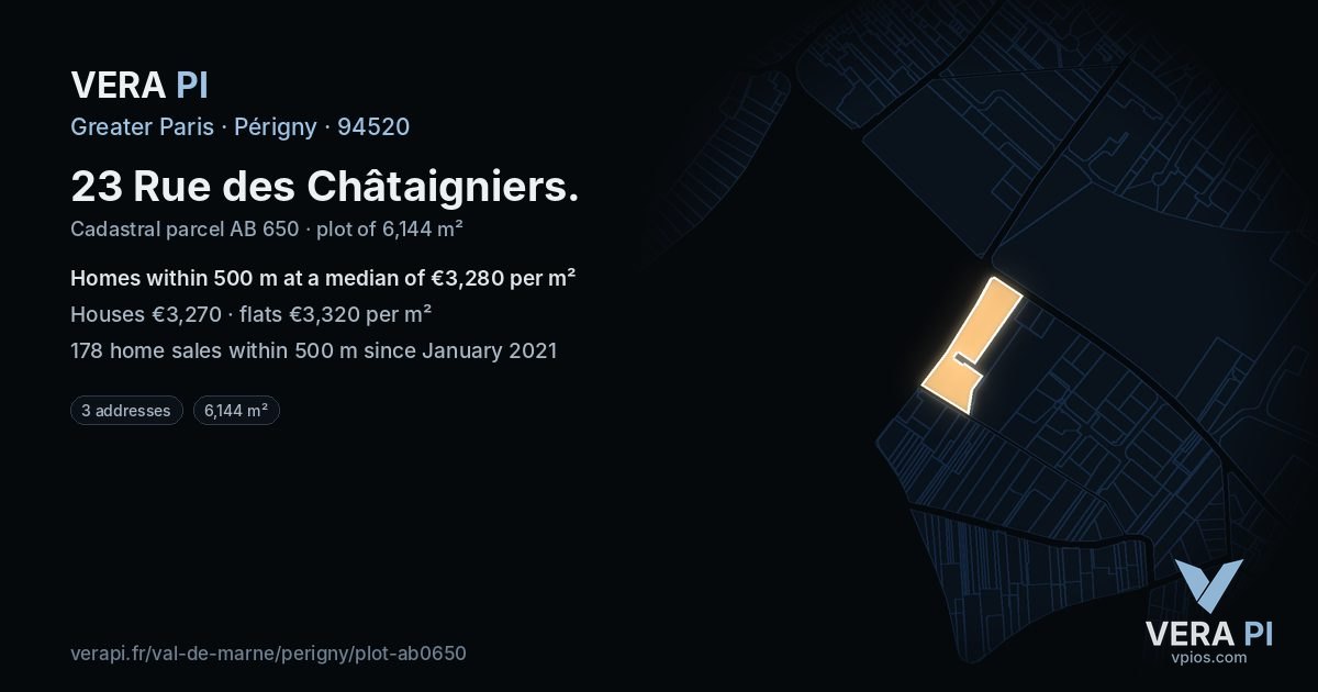 23 Rue des Châtaigniers, Périgny at night – the plot lit, the parcels around coloured by the prices near them
