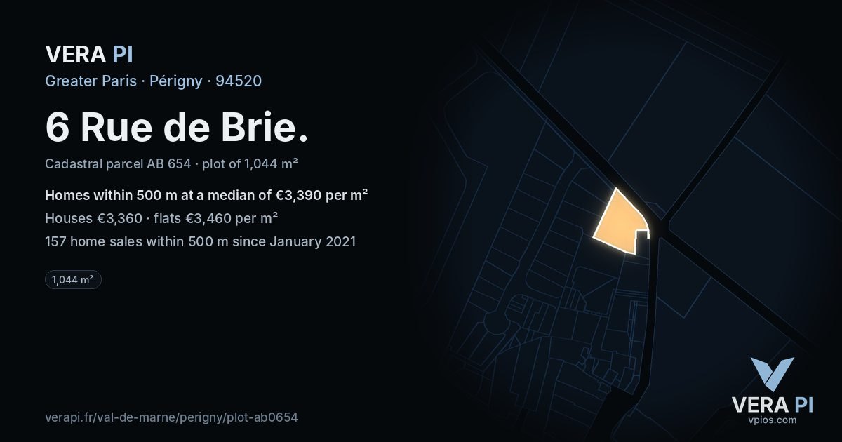 6 Rue de Brie, Périgny at night – the plot lit, the parcels around coloured by the prices near them