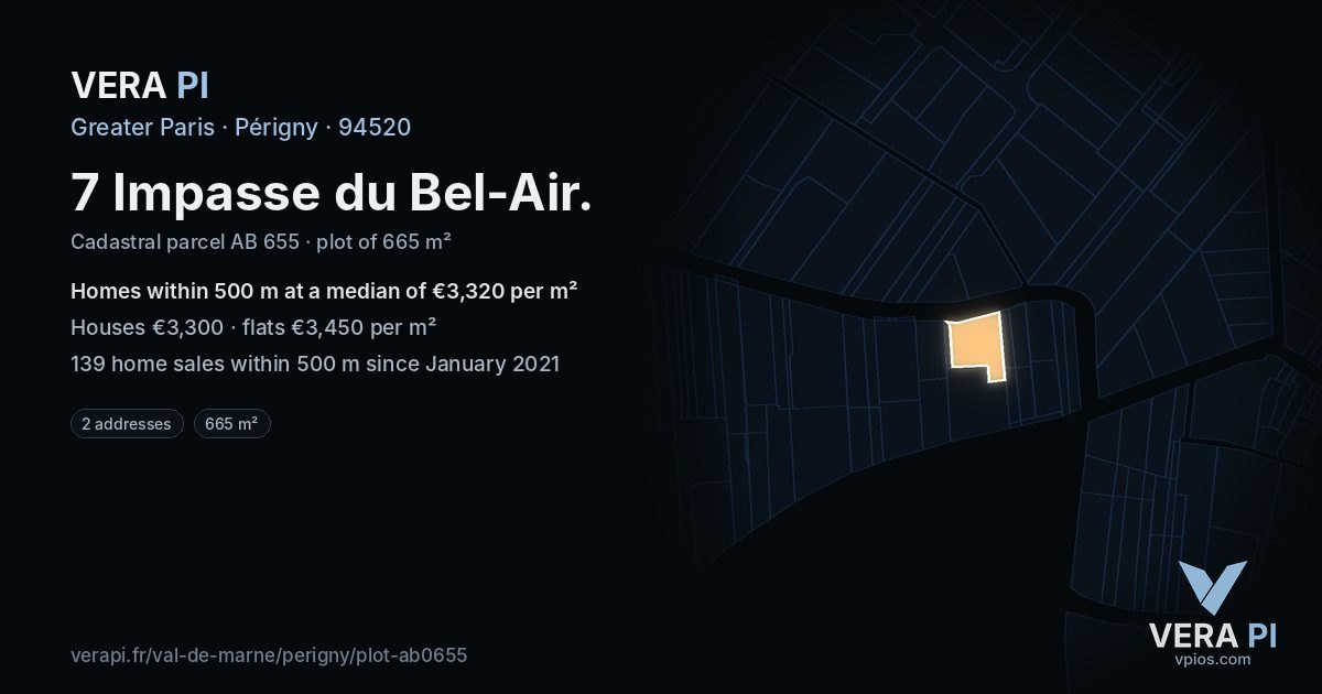 7 Impasse du Bel-Air, Périgny at night – the plot lit, the parcels around coloured by the prices near them
