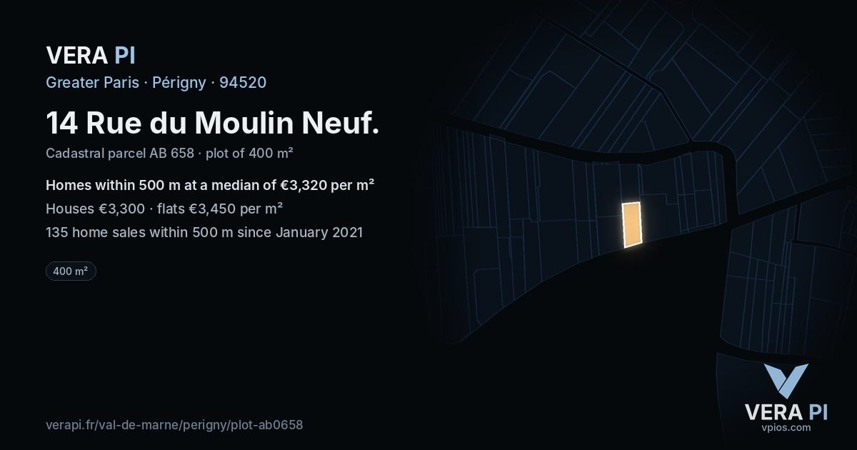 14 Rue du Moulin Neuf, Périgny at night – the plot lit, the parcels around coloured by the prices near them