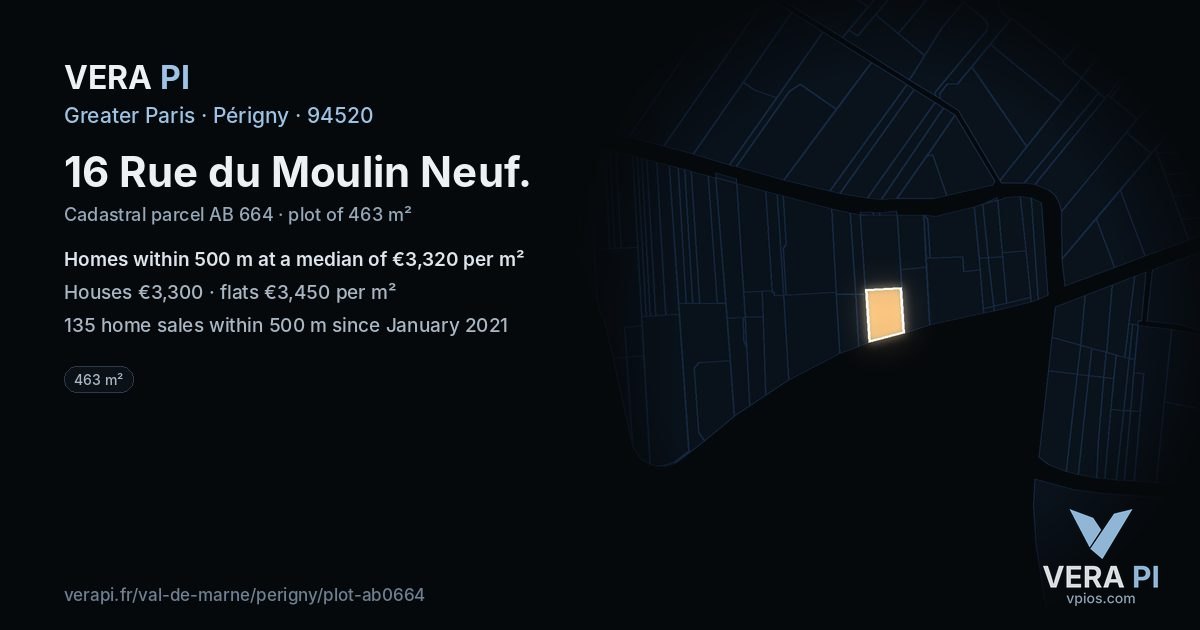 16 Rue du Moulin Neuf, Périgny at night – the plot lit, the parcels around coloured by the prices near them