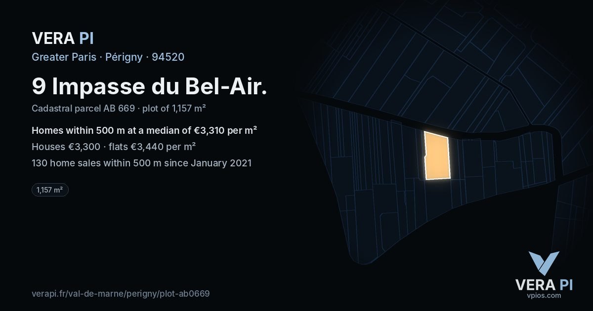 9 Impasse du Bel-Air, Périgny at night – the plot lit, the parcels around coloured by the prices near them