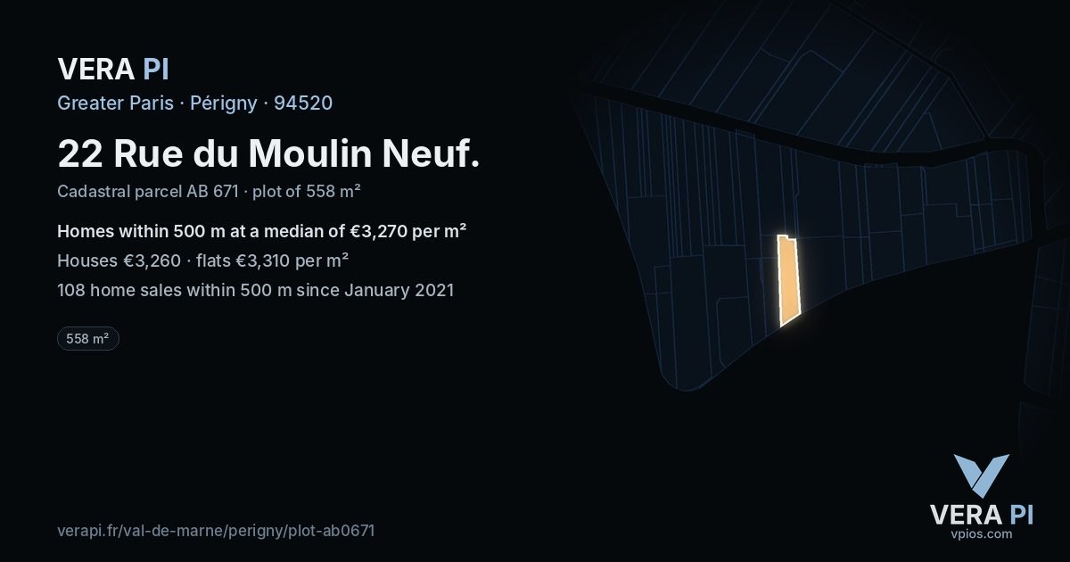 22 Rue du Moulin Neuf, Périgny at night – the plot lit, the parcels around coloured by the prices near them