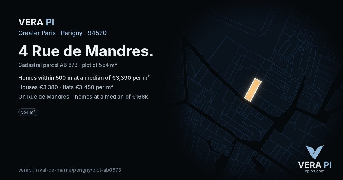 4 Rue de Mandres, Périgny at night – the plot lit, the parcels around coloured by the prices near them