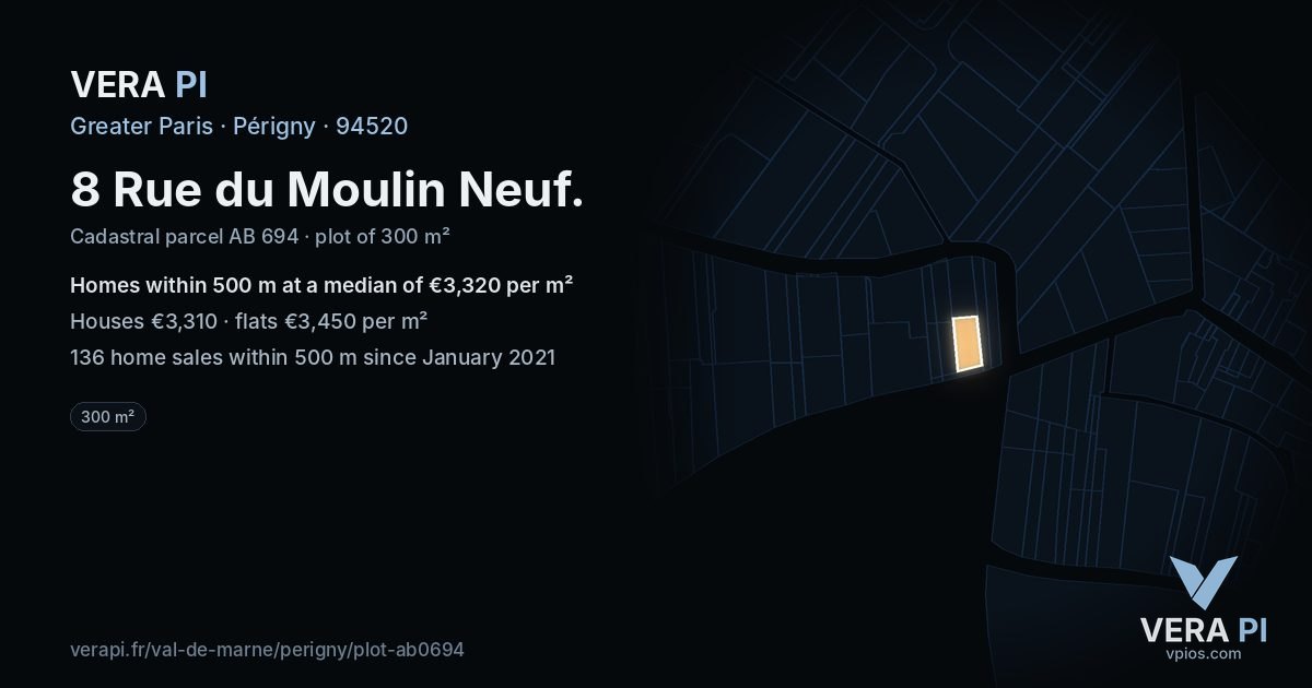 8 Rue du Moulin Neuf, Périgny at night – the plot lit, the parcels around coloured by the prices near them