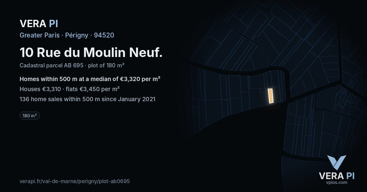 10 Rue du Moulin Neuf, Périgny at night – the plot lit, the parcels around coloured by the prices near them
