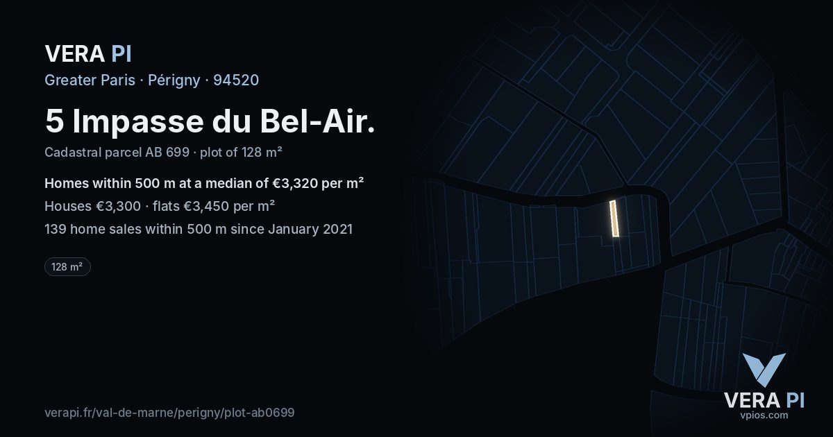 5 Impasse du Bel-Air, Périgny at night – the plot lit, the parcels around coloured by the prices near them