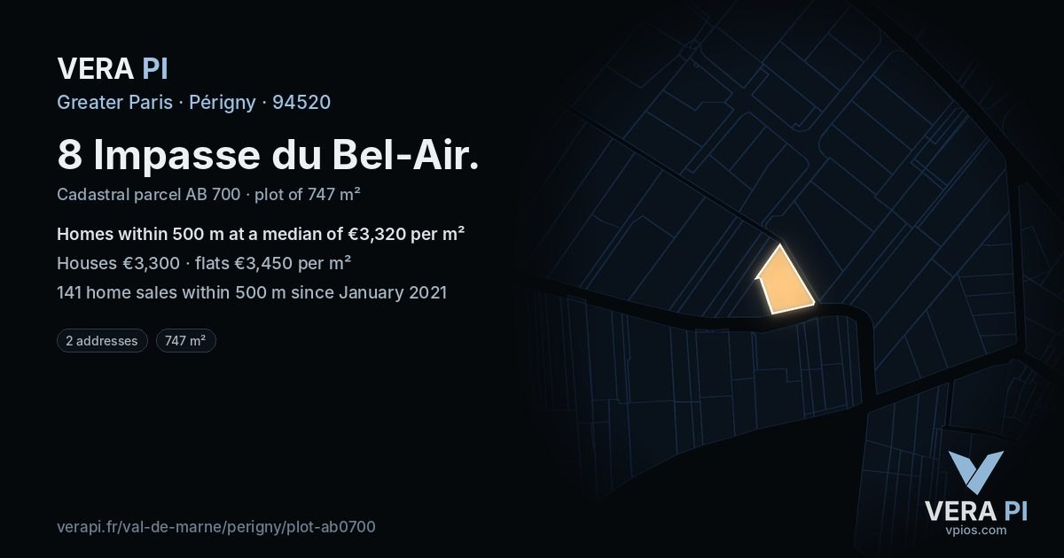 8 Impasse du Bel-Air, Périgny at night – the plot lit, the parcels around coloured by the prices near them