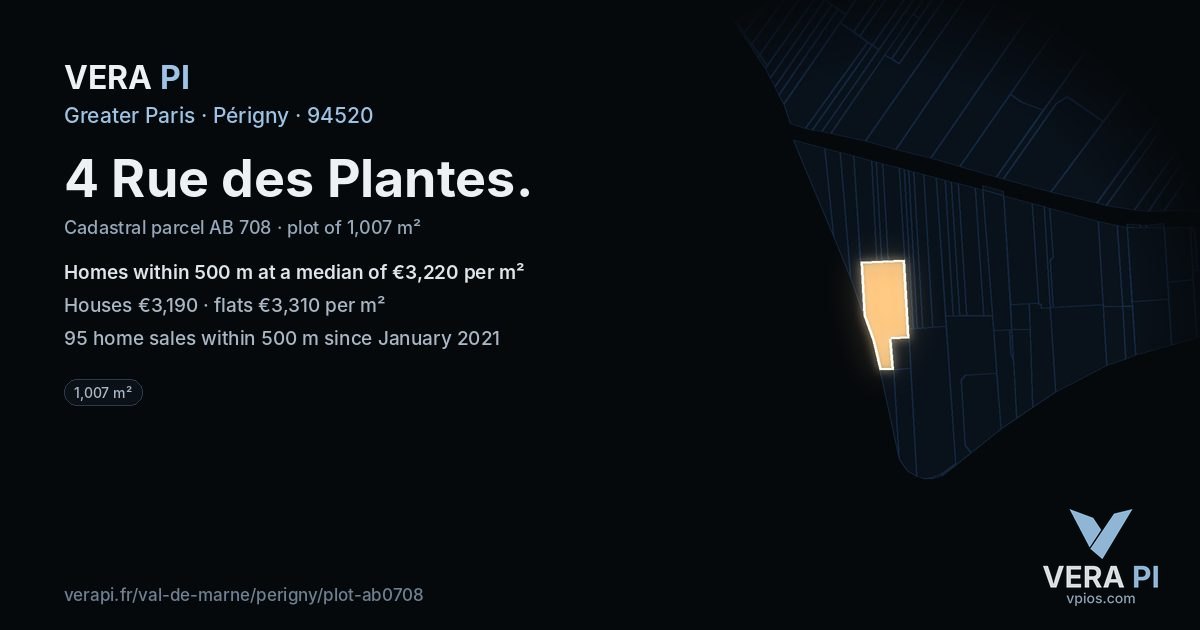 4 Rue des Plantes, Périgny at night – the plot lit, the parcels around coloured by the prices near them