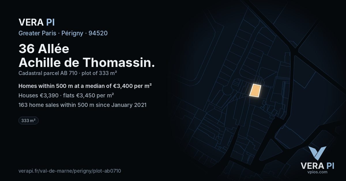36 Allée Achille de Thomassin, Périgny at night – the plot lit, the parcels around coloured by the prices near them