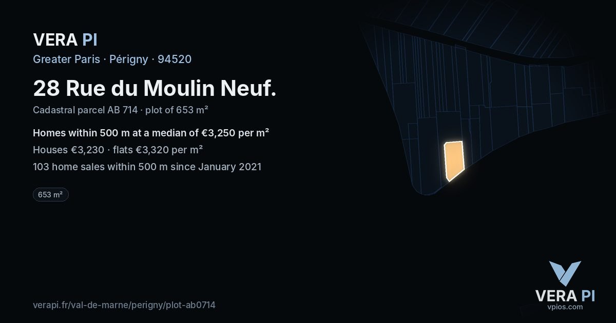 28 Rue du Moulin Neuf, Périgny at night – the plot lit, the parcels around coloured by the prices near them