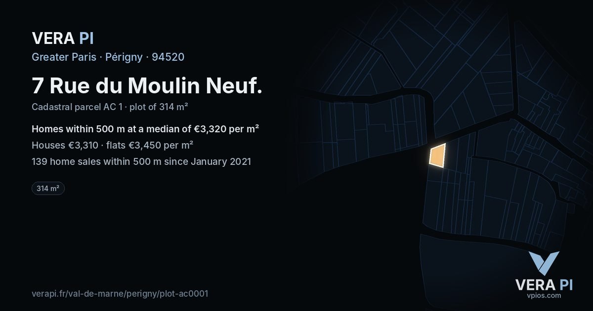 7 Rue du Moulin Neuf, Périgny at night – the plot lit, the parcels around coloured by the prices near them