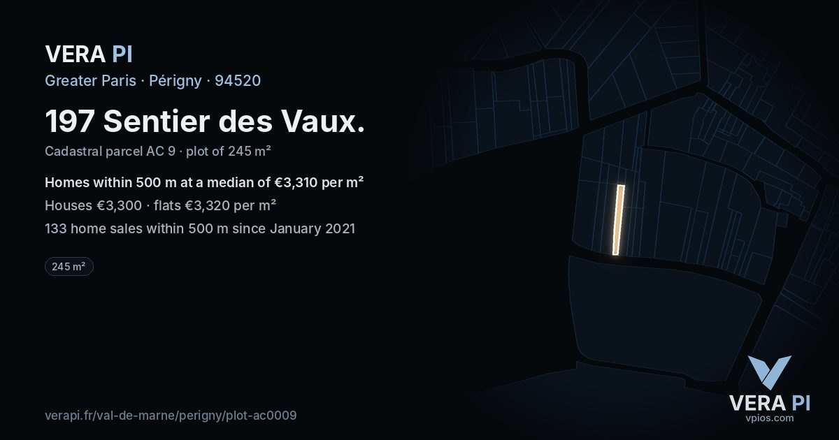 197 Sentier des Vaux, Périgny at night – the plot lit, the parcels around coloured by the prices near them