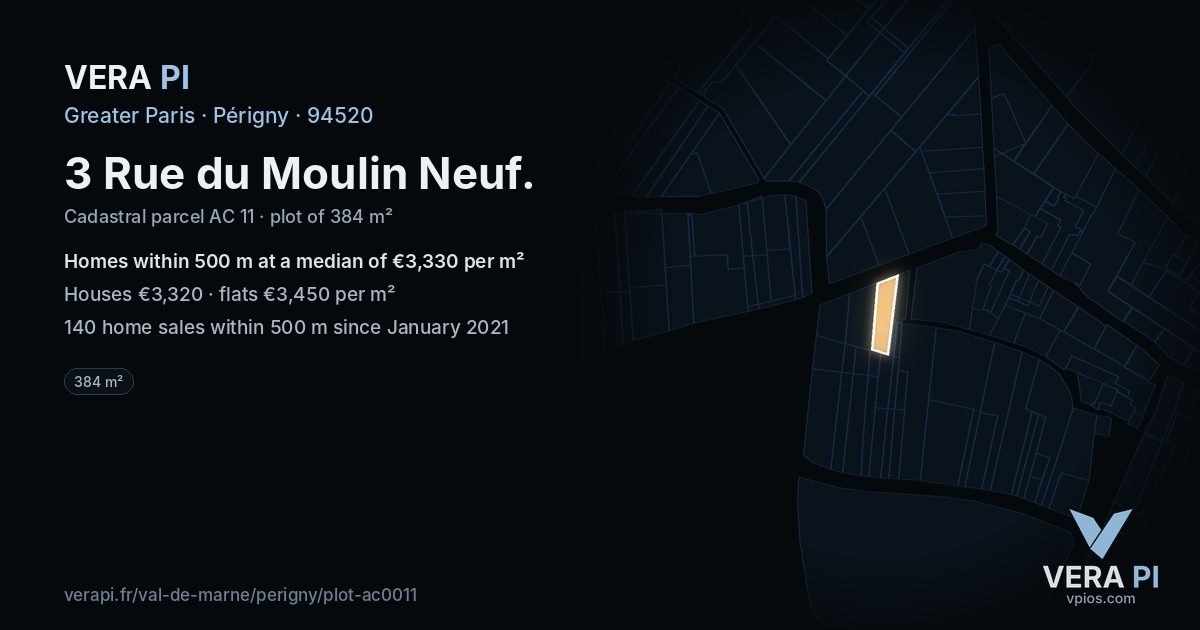 3 Rue du Moulin Neuf, Périgny at night – the plot lit, the parcels around coloured by the prices near them