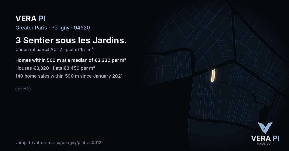 3 Sentier sous les Jardins, Périgny at night – the plot lit, the parcels around coloured by the prices near them