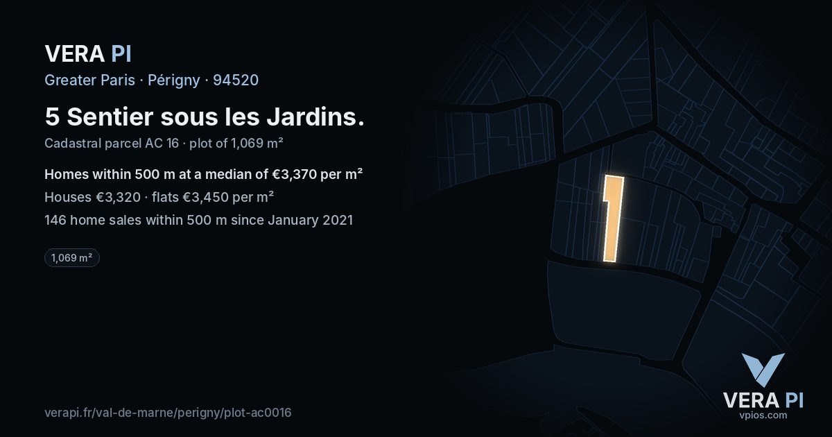5 Sentier sous les Jardins, Périgny at night – the plot lit, the parcels around coloured by the prices near them