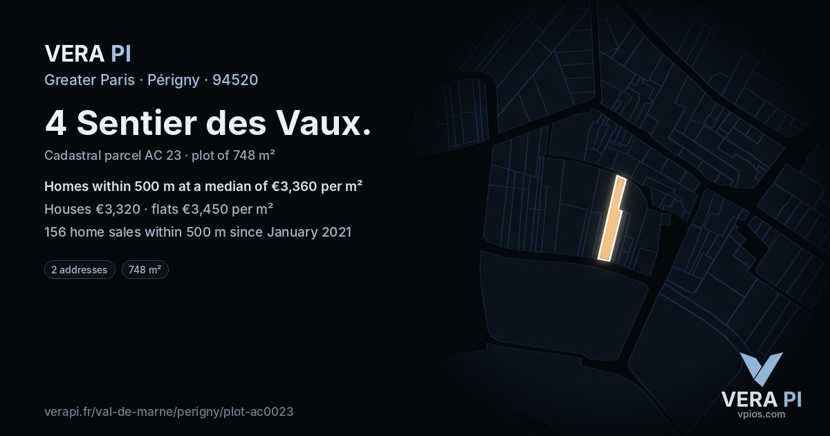 4 Sentier des Vaux, Périgny at night – the plot lit, the parcels around coloured by the prices near them